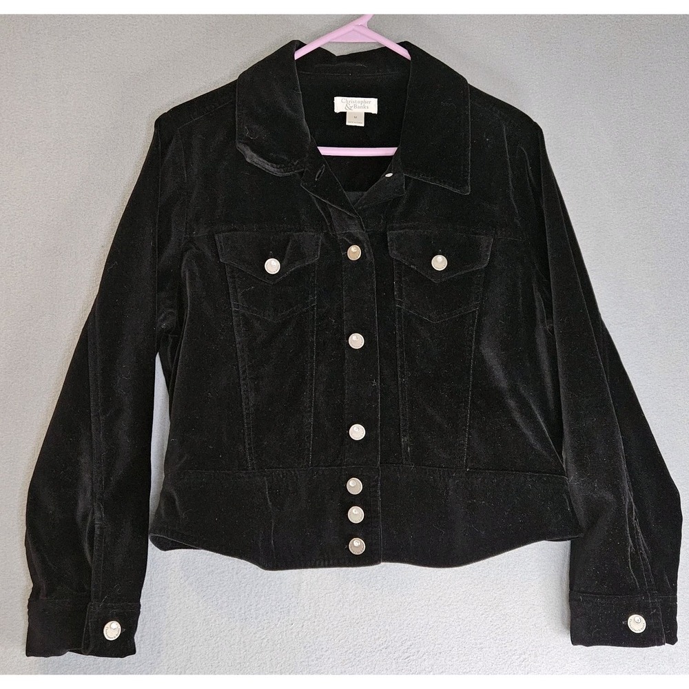 Christopher & Banks Jacket Black Rhinestone Buttons Down Velour short Womens Med